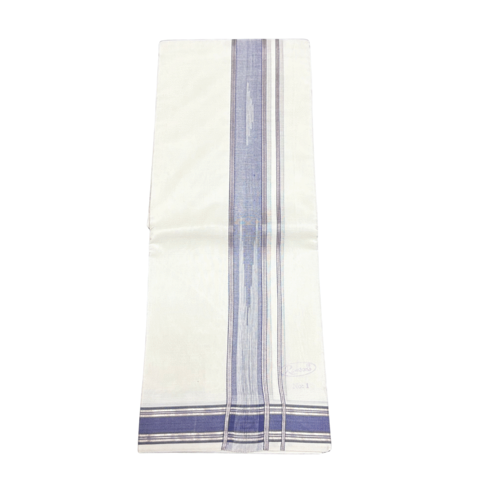 Ramsons Premium Thamburan Silver Double Dhoti With Light Indigo Designed Kara – RM7166IO