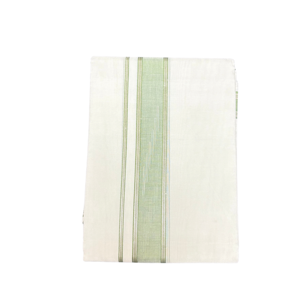 Ramsons Premium Thamburan Silver Double Dhoti RM7166PG in mercerised cotton with Pastel Green Kara – elegant wear for weddings & festive occasions.