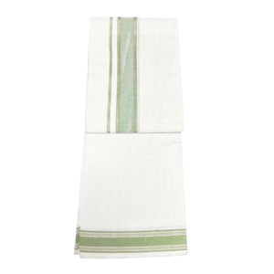 Ramsons Premium Thamburan Silver Double Dhoti RM7166PG in mercerised cotton with Pastel Green Kara – elegant wear for weddings & festive occasions.