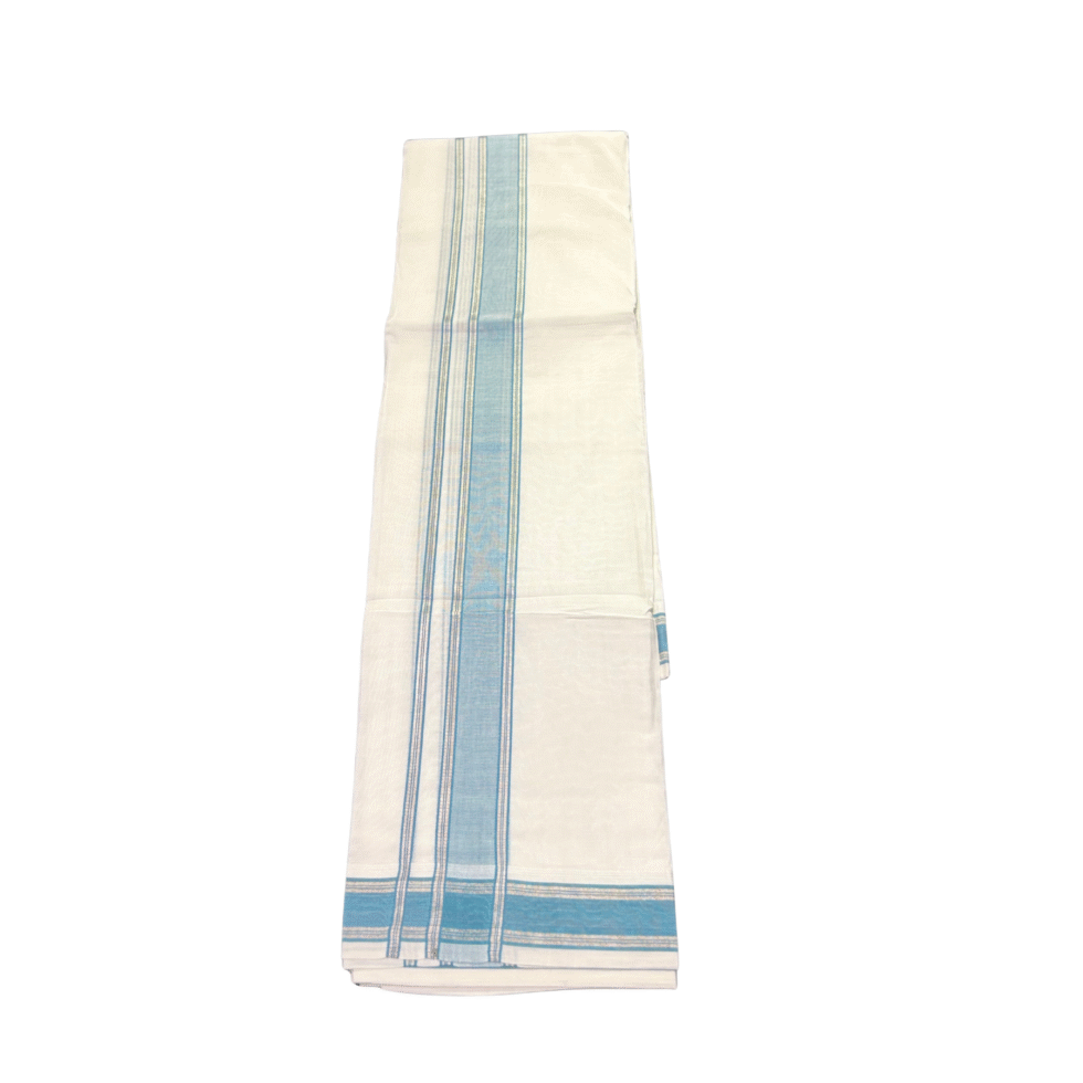 Ramsons Thamburan Silver Mercerised Cotton Premium Double Dhoti – RM7166 Blue