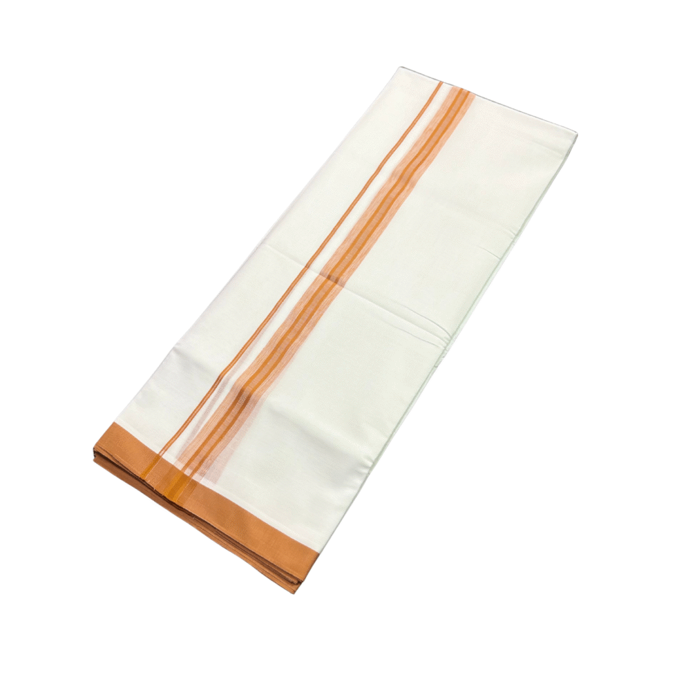 Ramsons White Cotton Double Dhoti with 1 Inch Orange Kara - RM615
