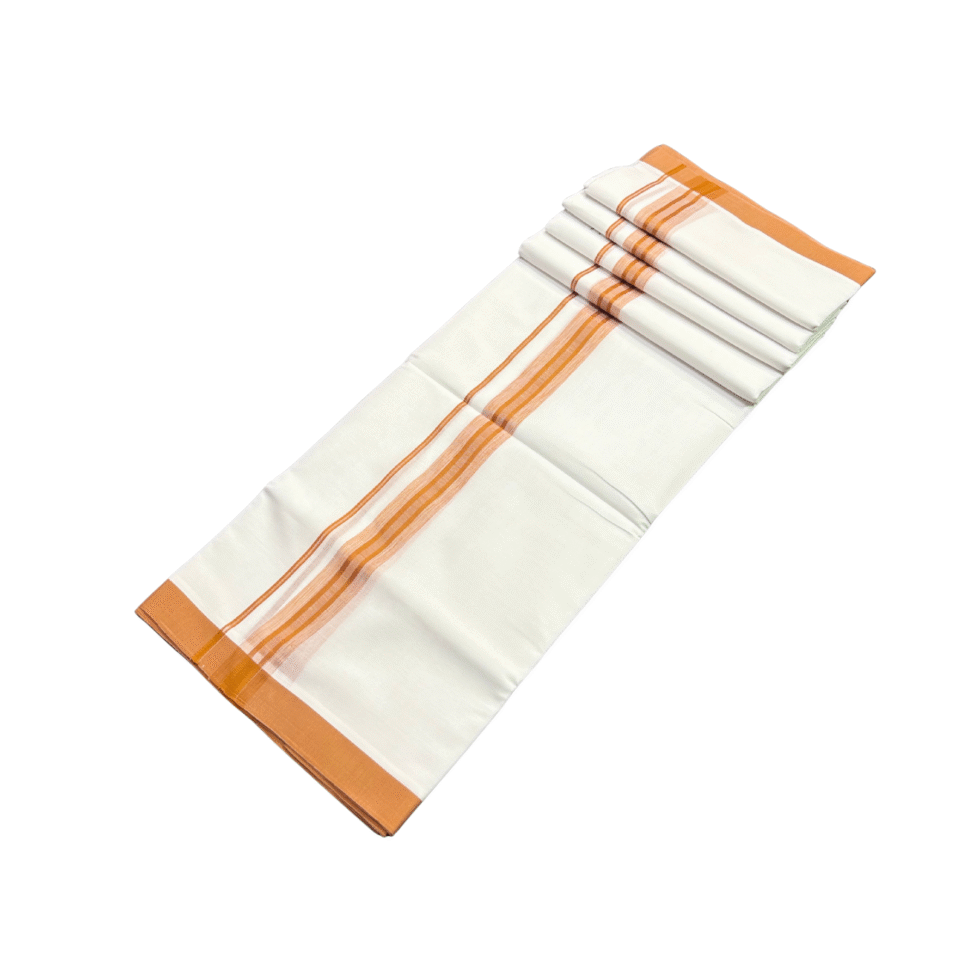 Ramsons White Cotton Double Dhoti with 1 Inch Orange Kara - RM615