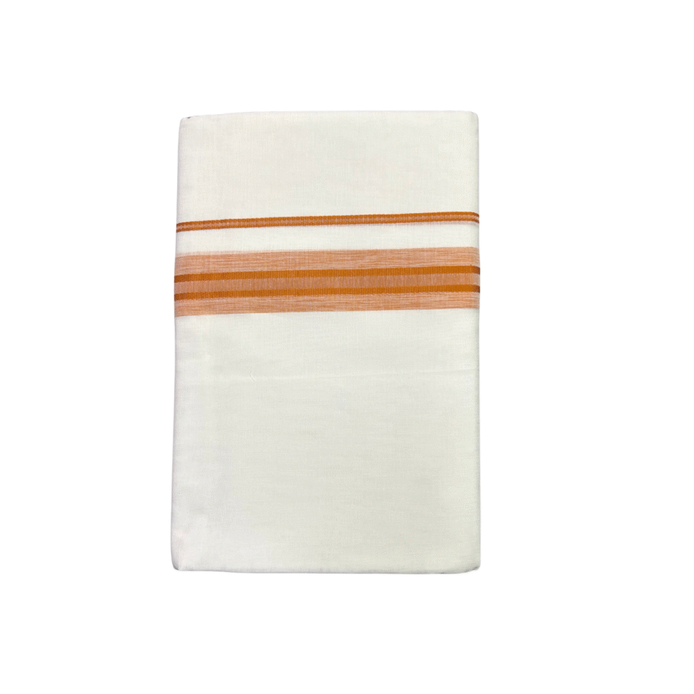 Ramsons White Cotton Double Dhoti with 1 Inch Orange Kara - RM615
