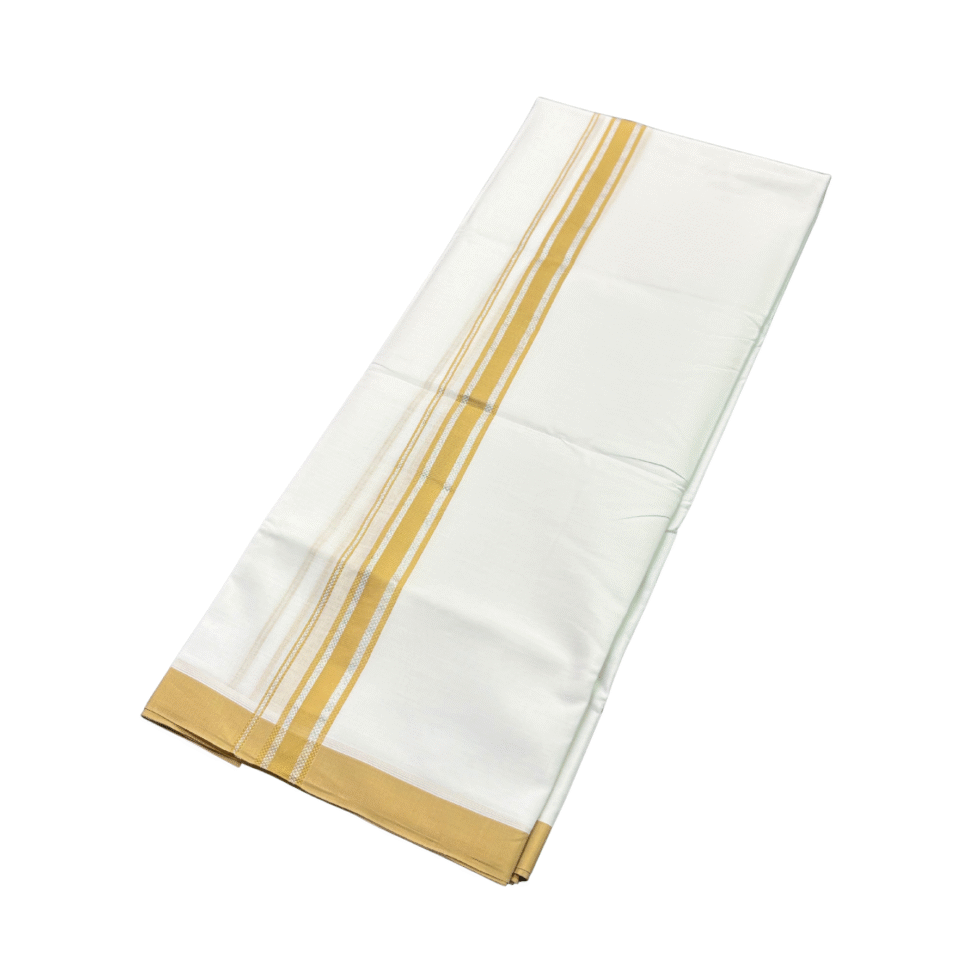 Ramsons White Cotton Double Dhoti with Mustard Yellow Kara - RM666
