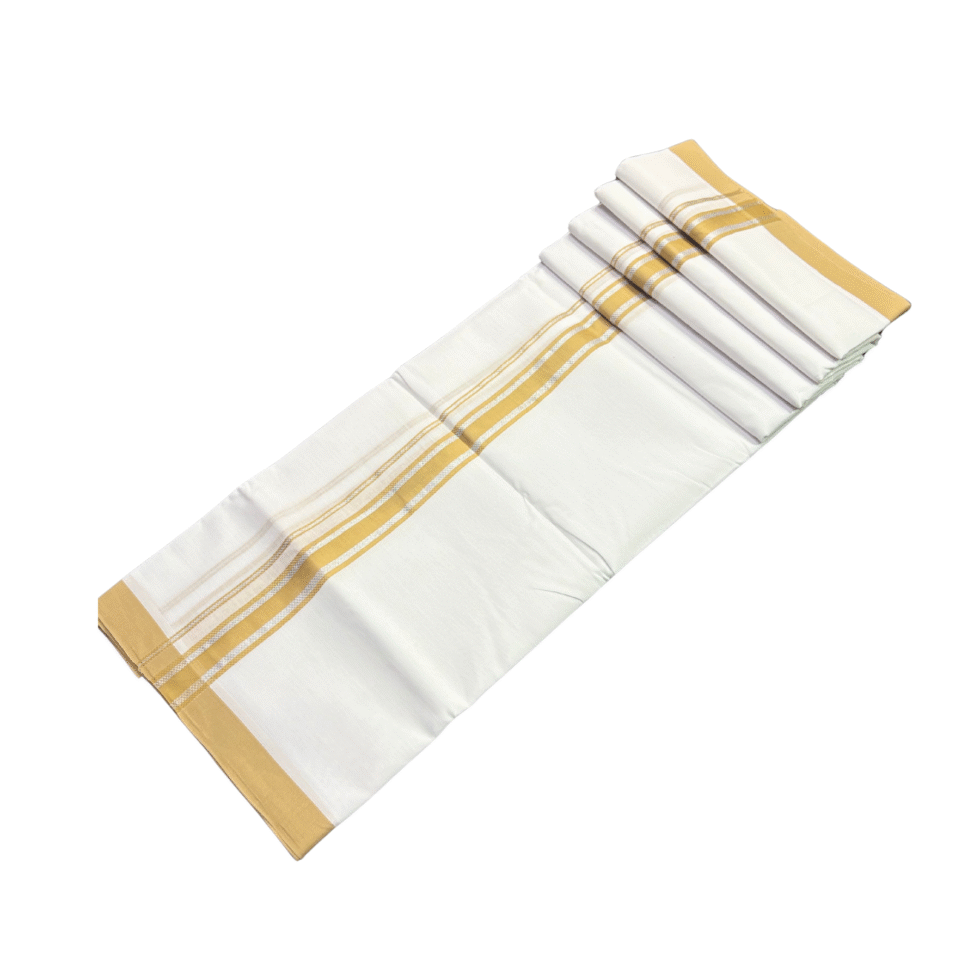 Ramsons White Cotton Double Dhoti with Mustard Yellow Kara - RM666