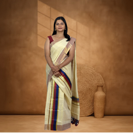 Ramsons Coloured Kasavu Tissue Single Set Mundu With Tassels – RM6099