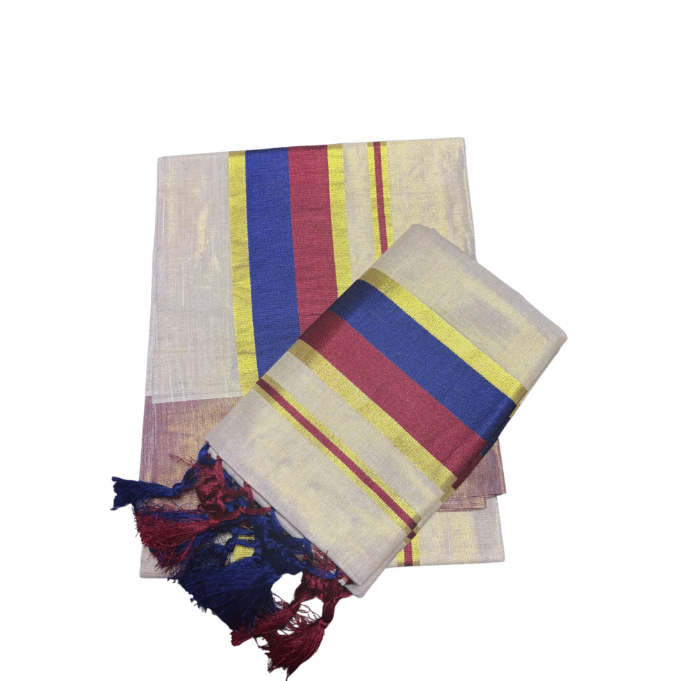 Ramsons Coloured Kasavu Tissue Single Set Mundu With Tassels - RM6099