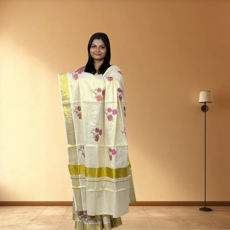 Ramsons Flower Embroidery Tissue Set Saree - RM4004