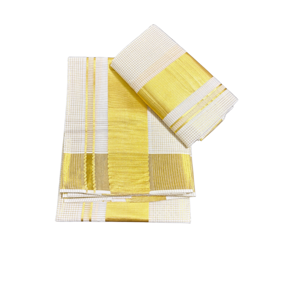 Ramsons Golden Check Design Cotton Single Set Mundu - RM119