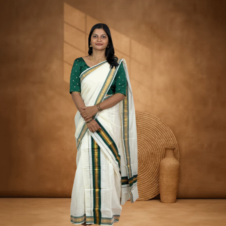 Ramsons Golden & Green Kasavu Cotton Single Set Mundu – RM78