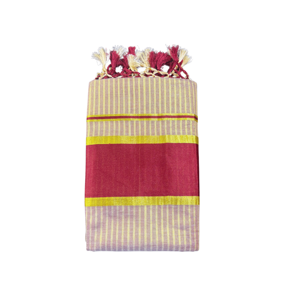 Ramsons Golden Striped Tissue Set Saree With Tassels - RM4187