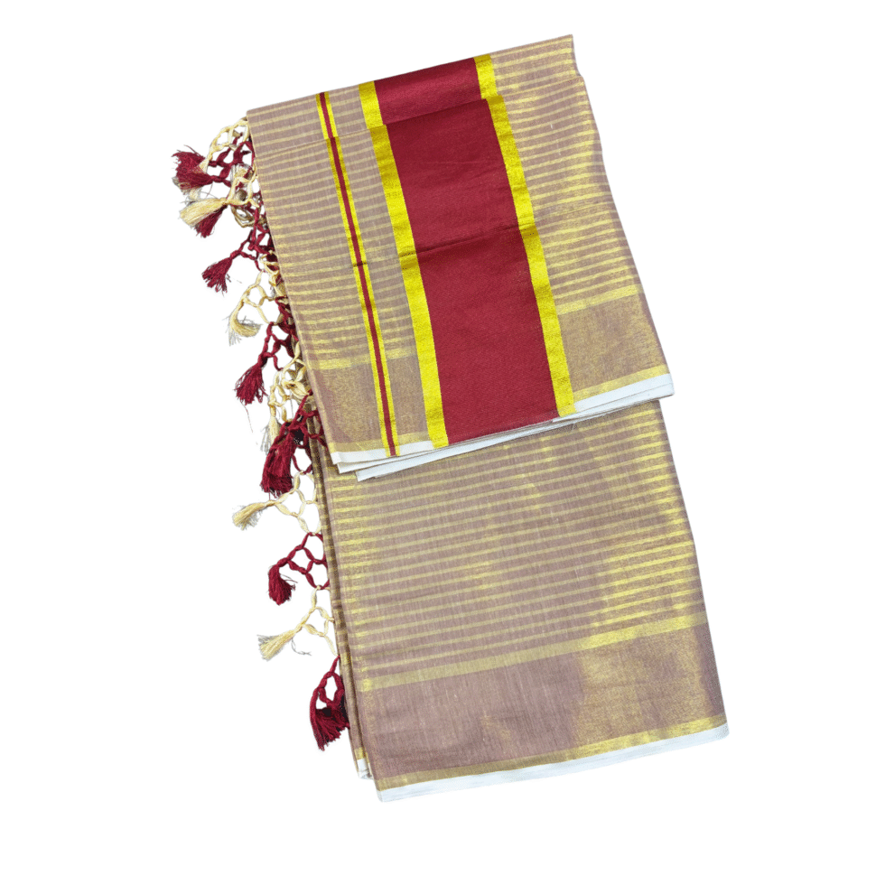 Ramsons Golden Striped Tissue Set Saree With Tassels - RM4187