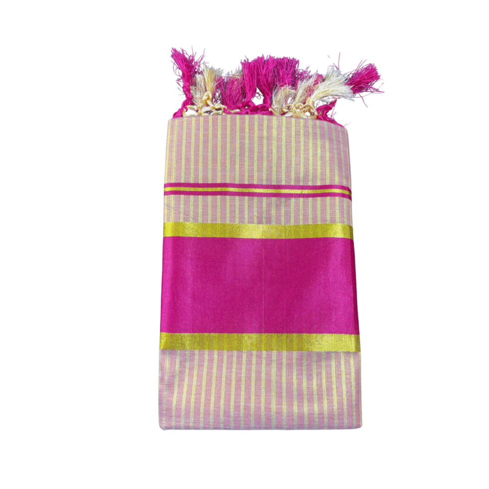 Ramsons Golden Striped Tissue Set Saree With Tassels - RM4187