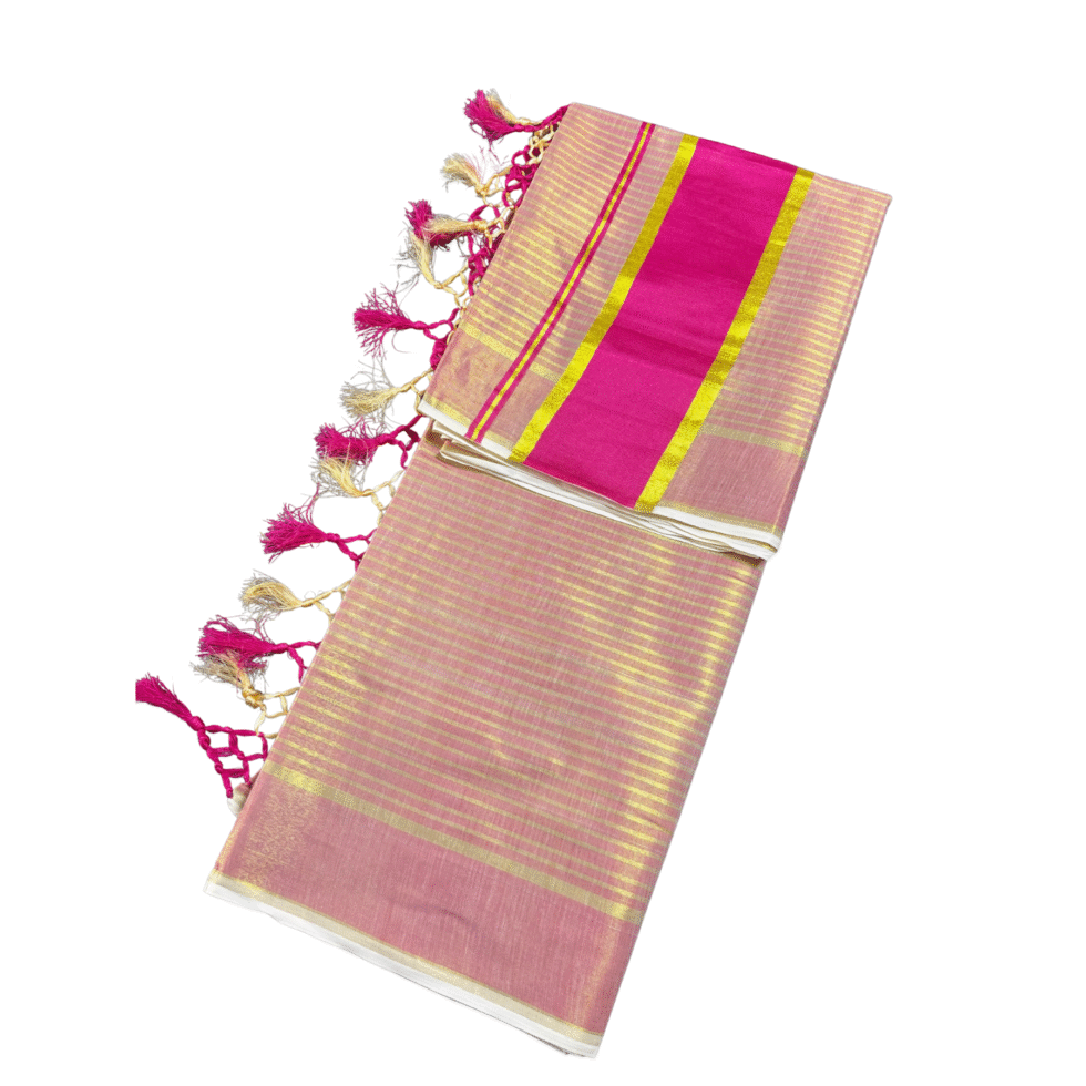 Ramsons Golden Striped Tissue Set Saree With Tassels - RM4187