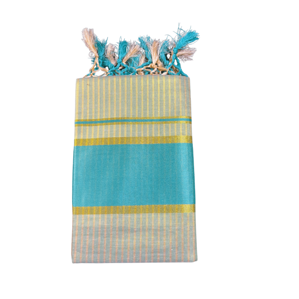 Ramsons Golden Striped Tissue Set Saree With Tassels - RM4187