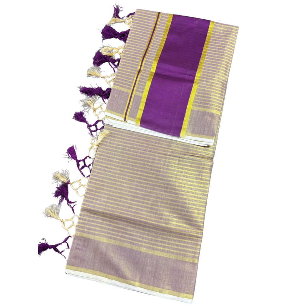 Ramsons Golden Striped Tissue Set Saree With Tassels - RM4187