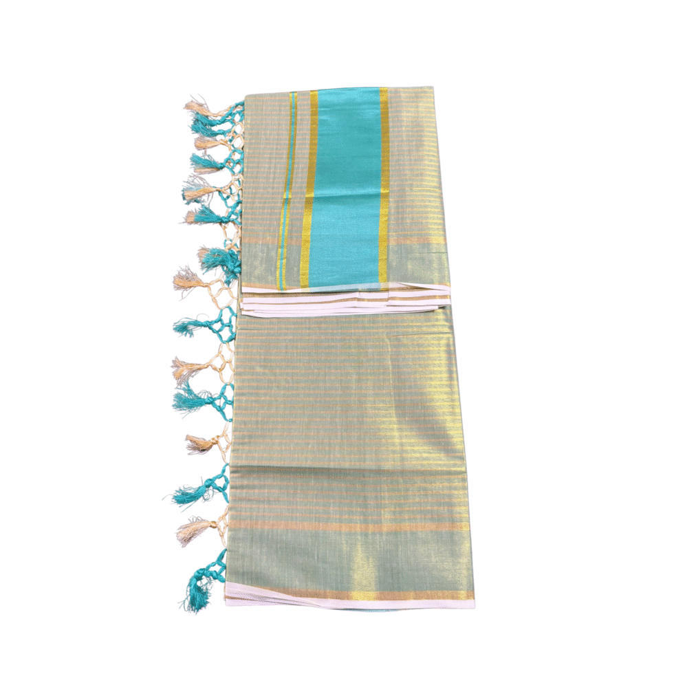 Ramsons Golden Striped Tissue Set Saree With Tassels - RM4187