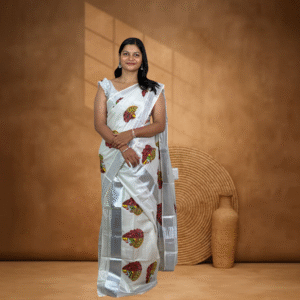 Ramsons Kathakali & Theyyam Printed Silver Tissue Single Set Mundu - RM6067