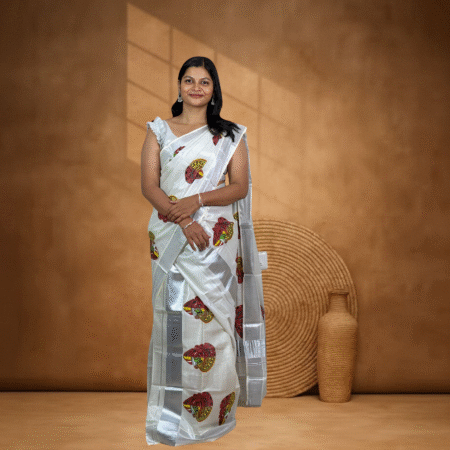 Ramsons Kathakali & Theyyam Printed Silver Tissue Single Set Mundu – RM6067
