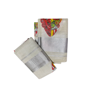 Ramsons Kathakali & Theyyam Printed Silver Tissue Single Set Mundu - RM6067