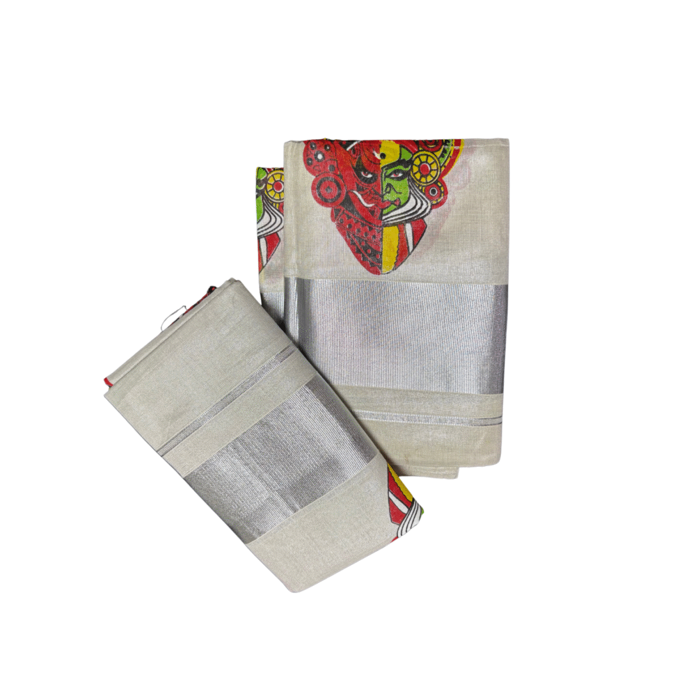 Ramsons Kathakali & Theyyam Printed Silver Tissue Single Set Mundu - RM6067