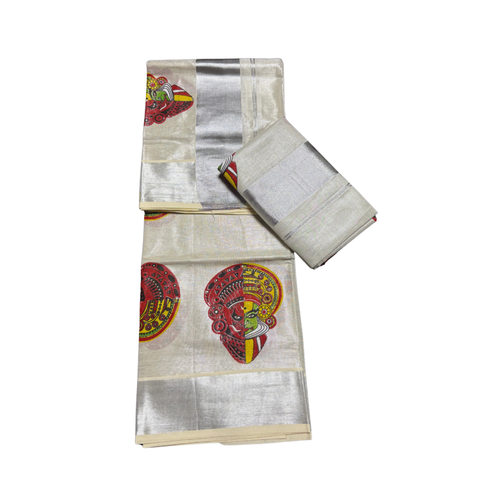 Ramsons Kathakali & Theyyam Printed Silver Tissue Single Set Mundu - RM6067