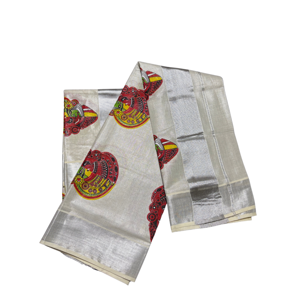 Ramsons Kathakali & Theyyam Printed Silver Tissue Single Set Mundu - RM6067