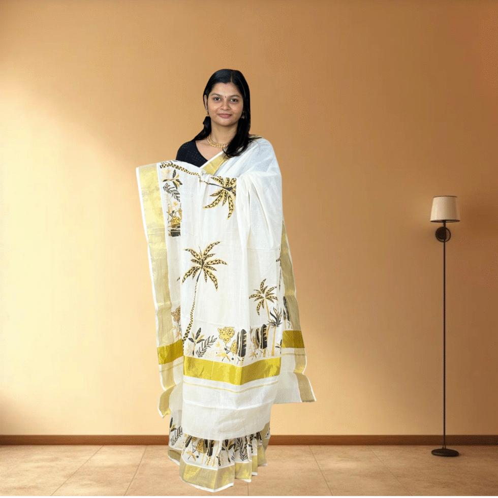 Ramsons Keraleeyam Leaf Motif Print Cotton Set Saree - RM2021