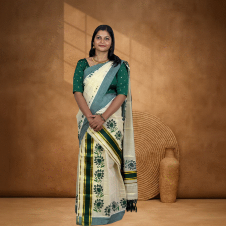 Ramsons Leaf Printed Tissue Single Set Mundu With Tassels – RM6493