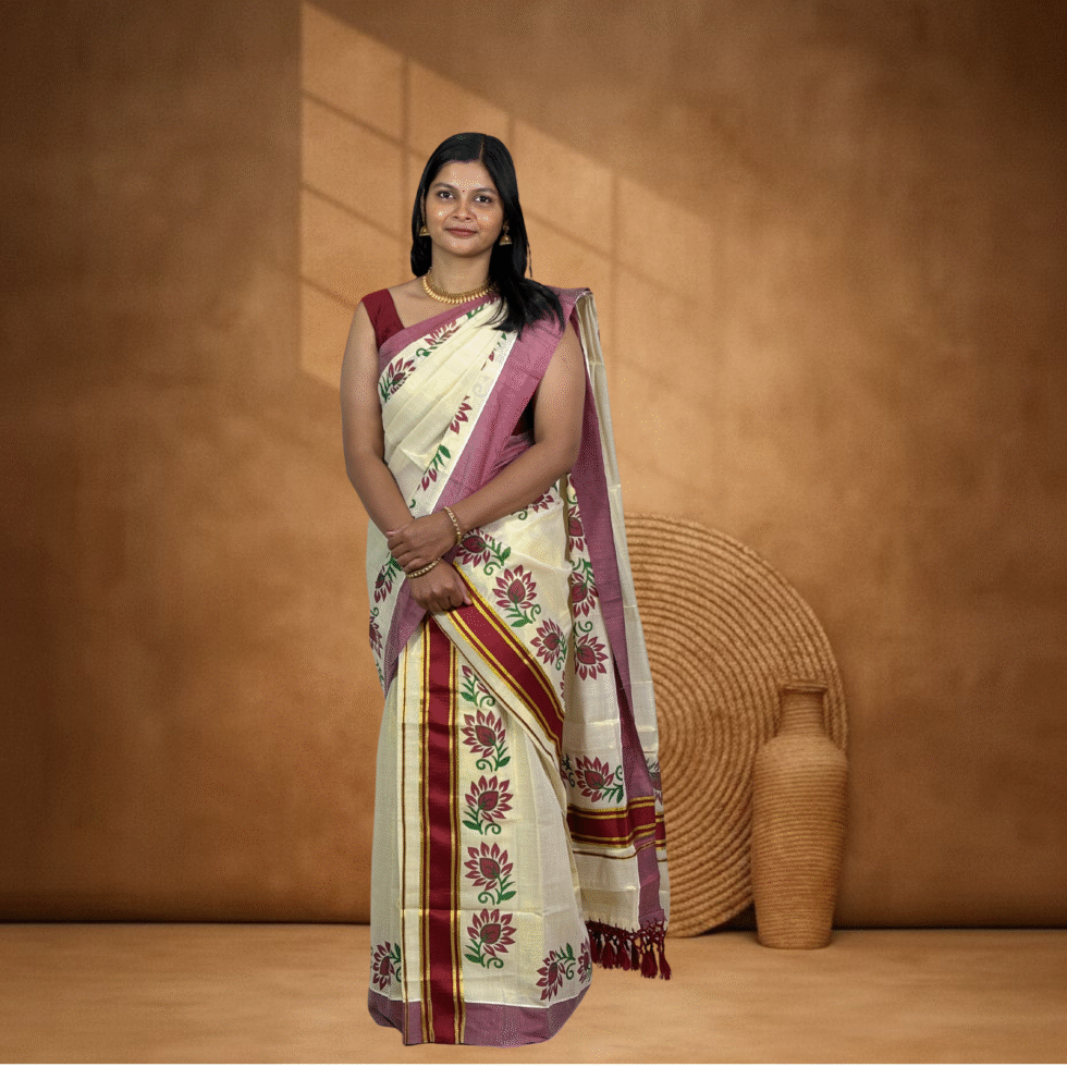 Ramsons Leaf Printed Tissue Single Set Mundu With Tassels - RM6493