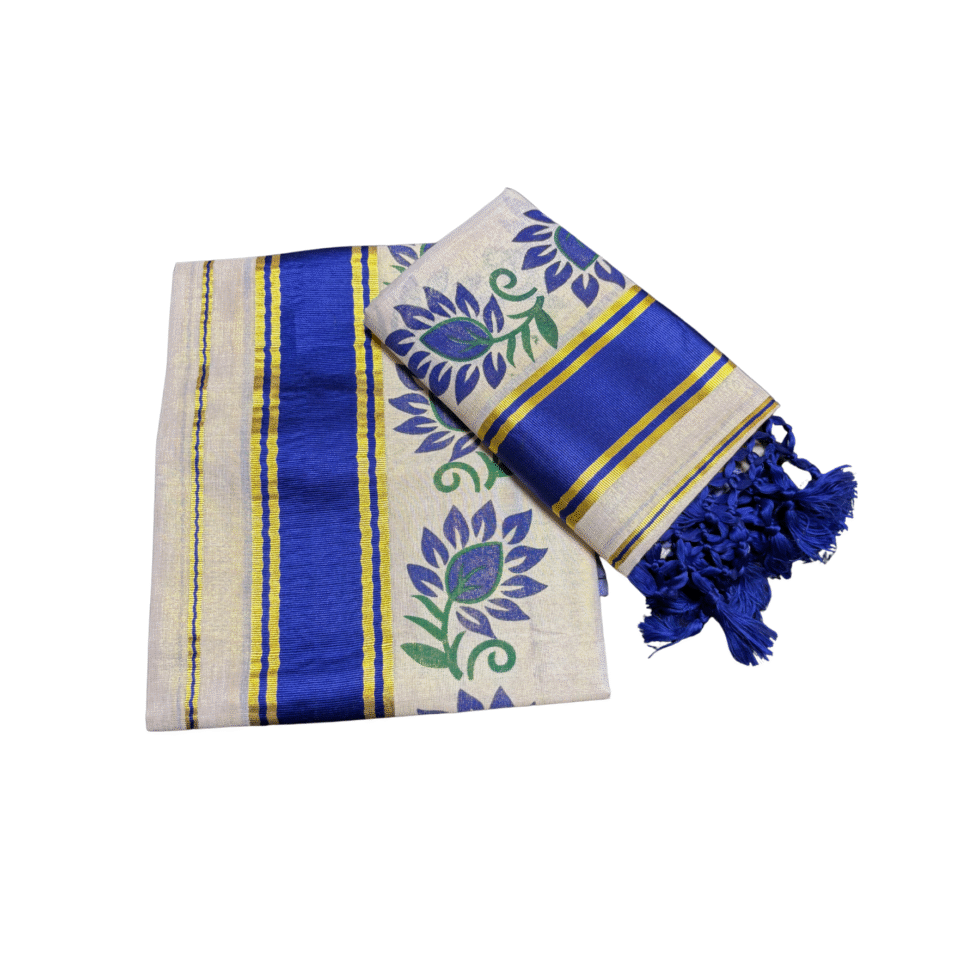 Ramsons Leaf Printed Tissue Single Set Mundu With Tassels - RM6493