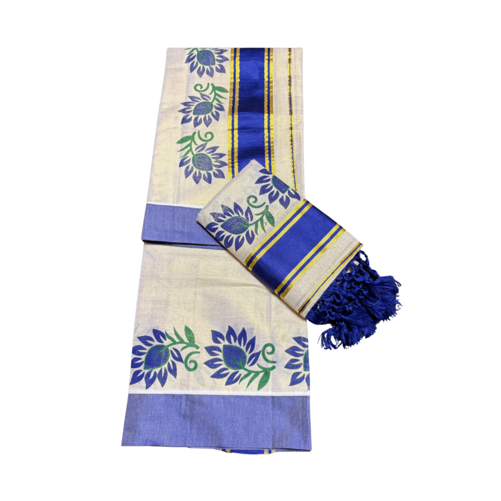 Ramsons Leaf Printed Tissue Single Set Mundu With Tassels - RM6493