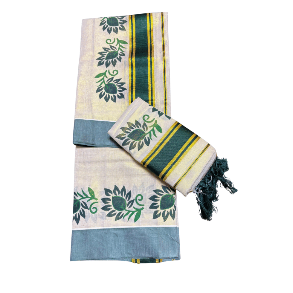 Ramsons Leaf Printed Tissue Single Set Mundu With Tassels - RM6493