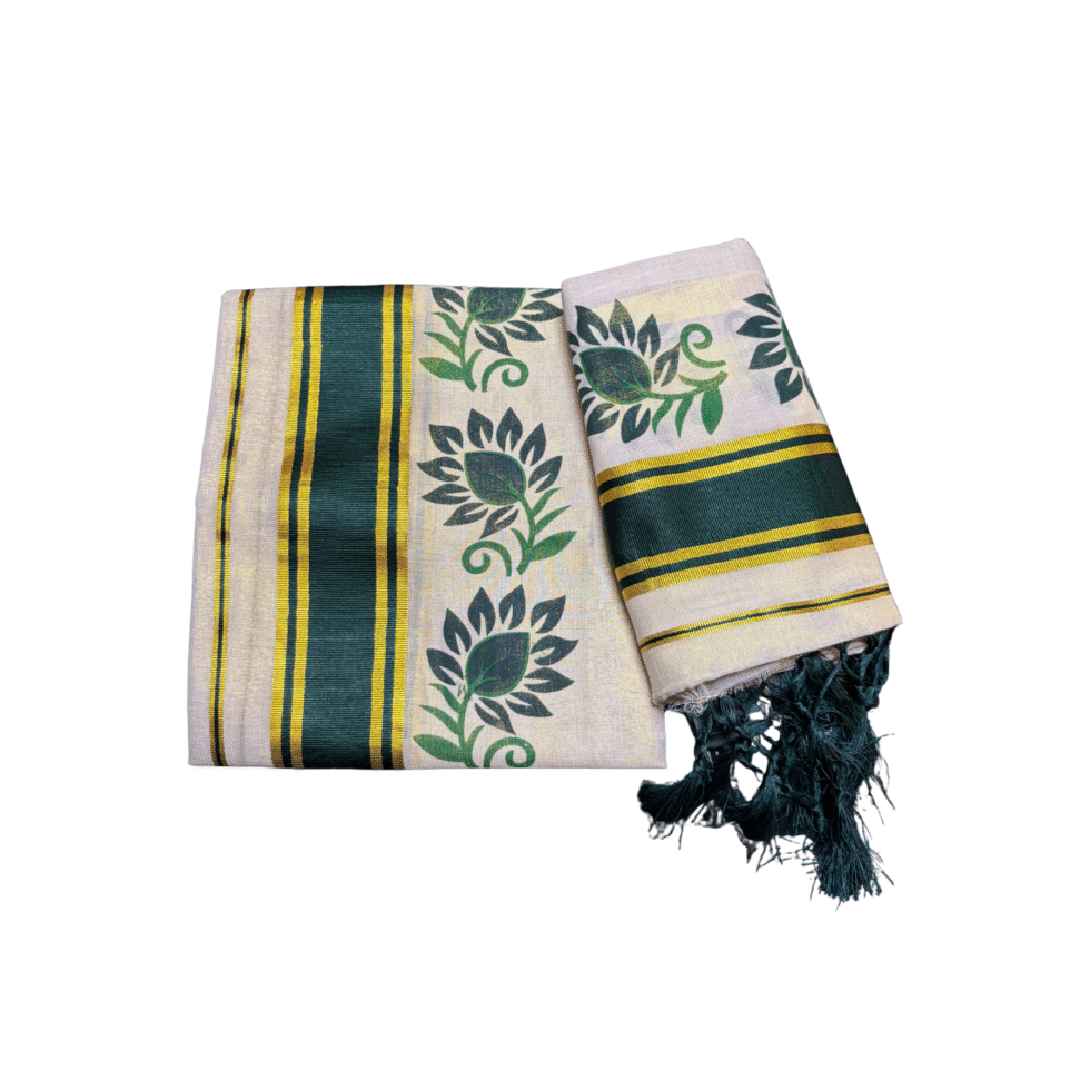 Ramsons Leaf Printed Tissue Single Set Mundu With Tassels - RM6493