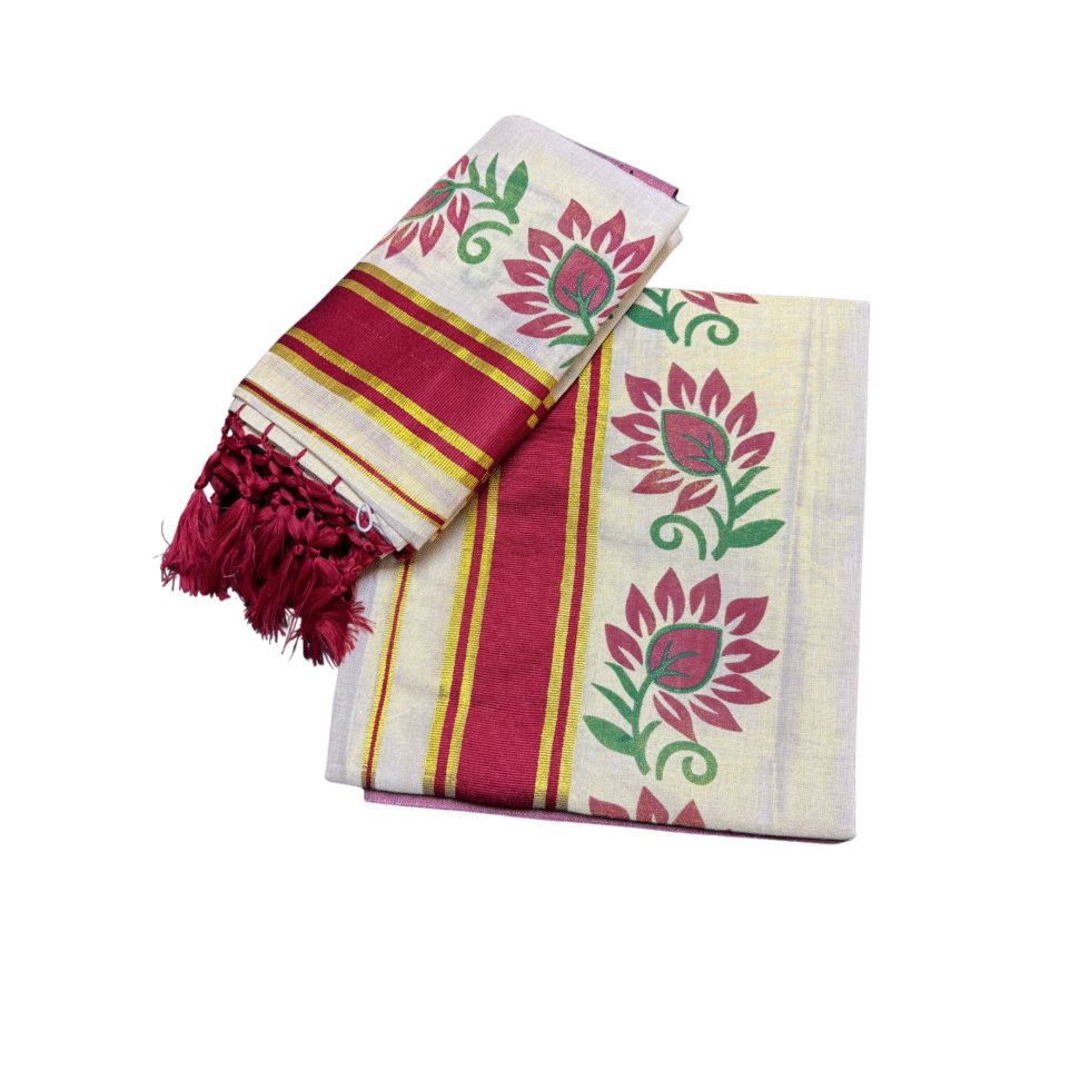 Ramsons Leaf Printed Tissue Single Set Mundu With Tassels - RM6493