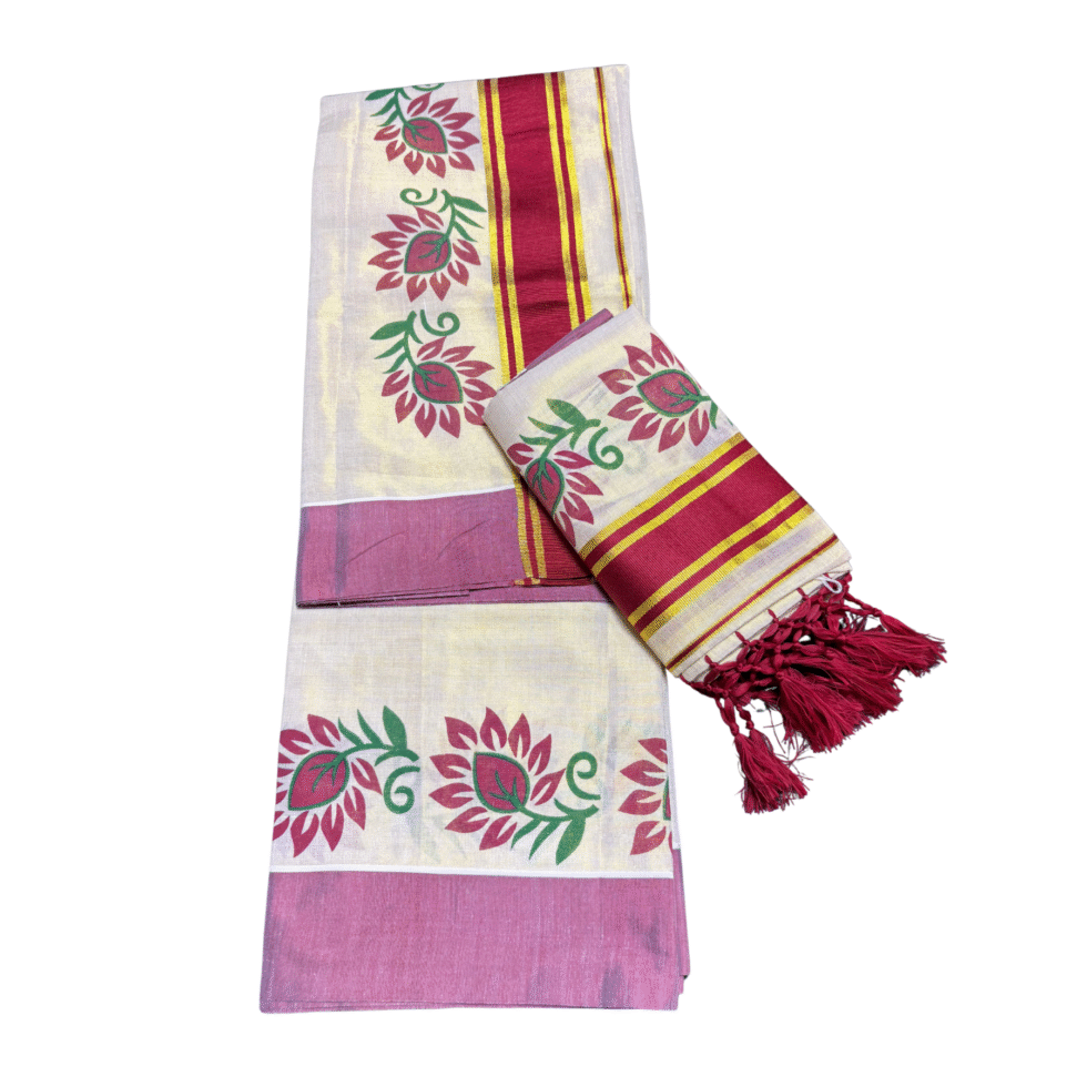 Ramsons Leaf Printed Tissue Single Set Mundu With Tassels - RM6493