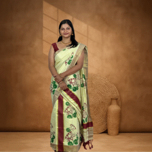 Ramsons Lotus Designed Tissue Single Set Mundu With Tassels - RM6497