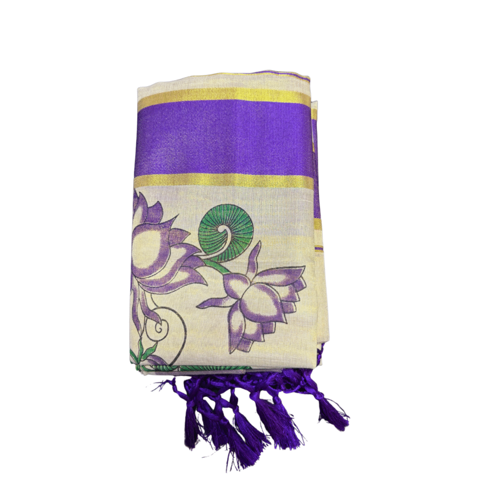 Ramsons Lotus Designed Tissue Single Set Mundu With Tassels - RM6497