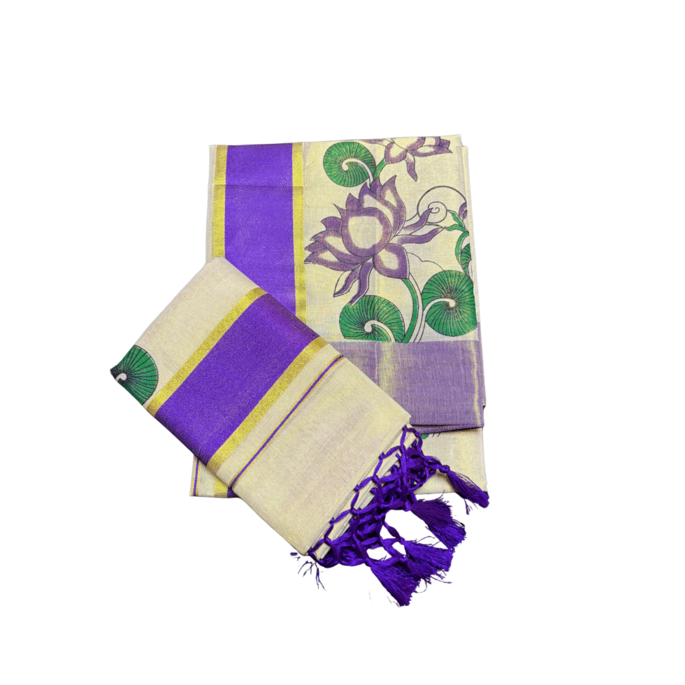 Ramsons Lotus Designed Tissue Single Set Mundu With Tassels - RM6497