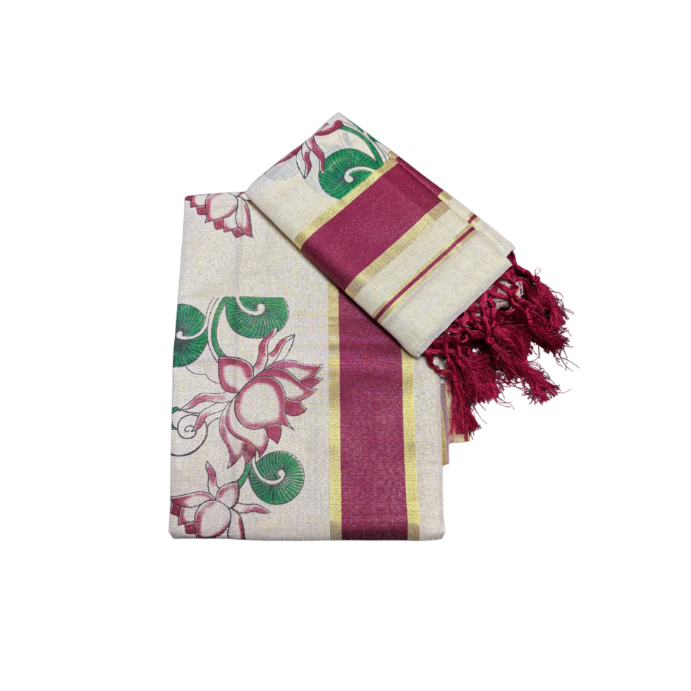 Ramsons Lotus Designed Tissue Single Set Mundu With Tassels - RM6497