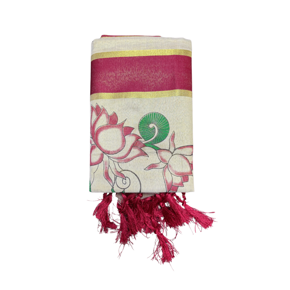 Ramsons Lotus Designed Tissue Single Set Mundu With Tassels - RM6497