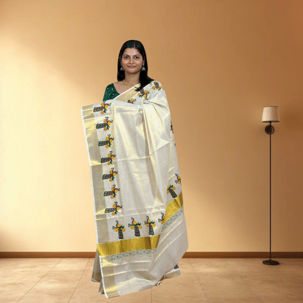 Ramsons Peacock Print Tissue Set Saree - RM4391