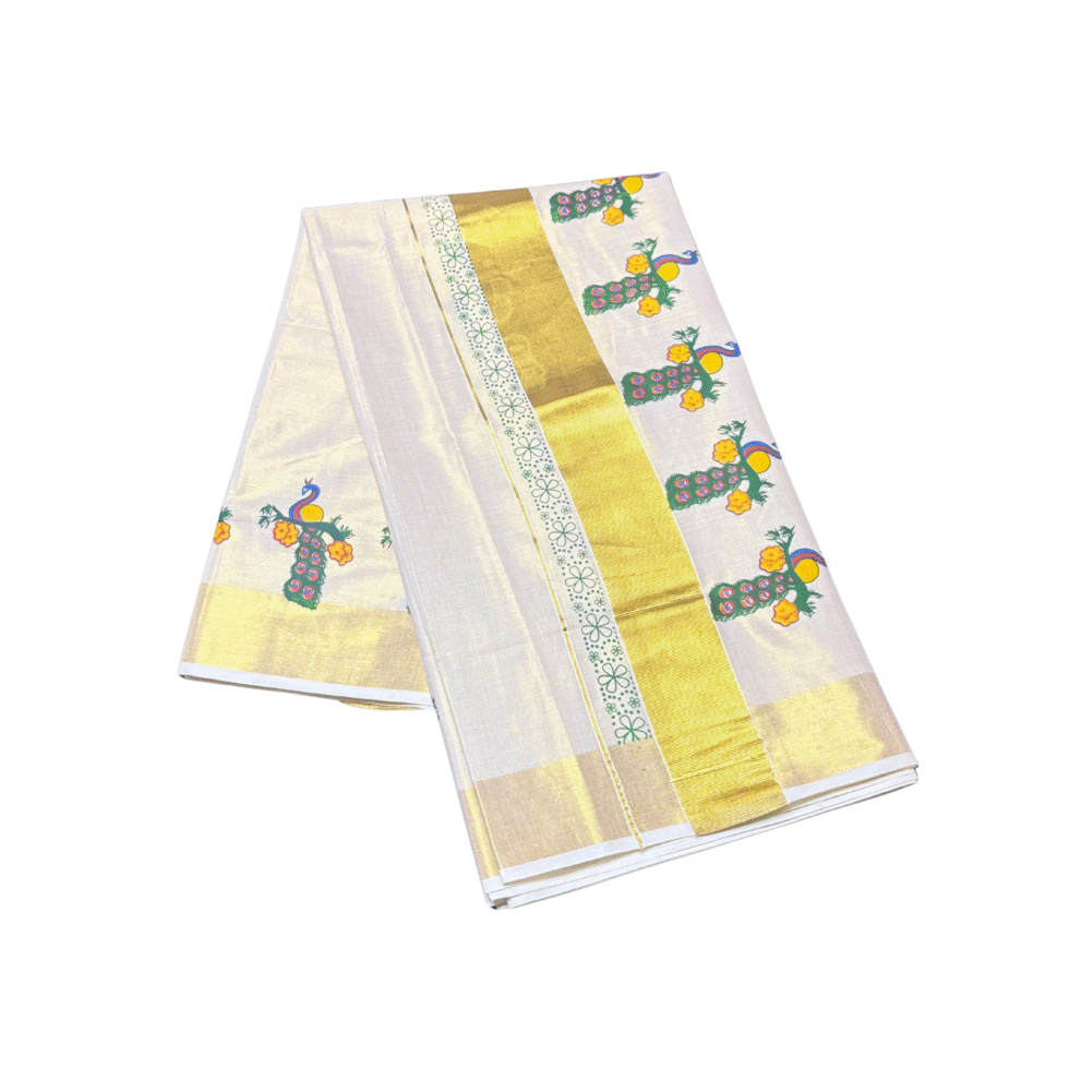 Ramsons Peacock Print Tissue Set Saree - RM4391