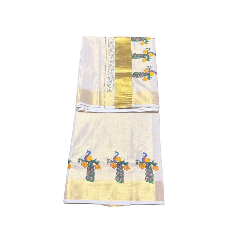 Ramsons Peacock Print Tissue Set Saree - RM4391