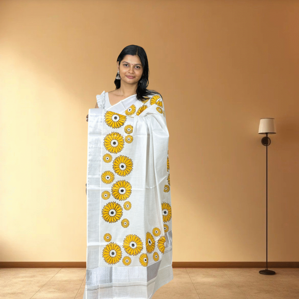 Ramsons Sunflower Print Silver Tissue Set Saree - RM4219