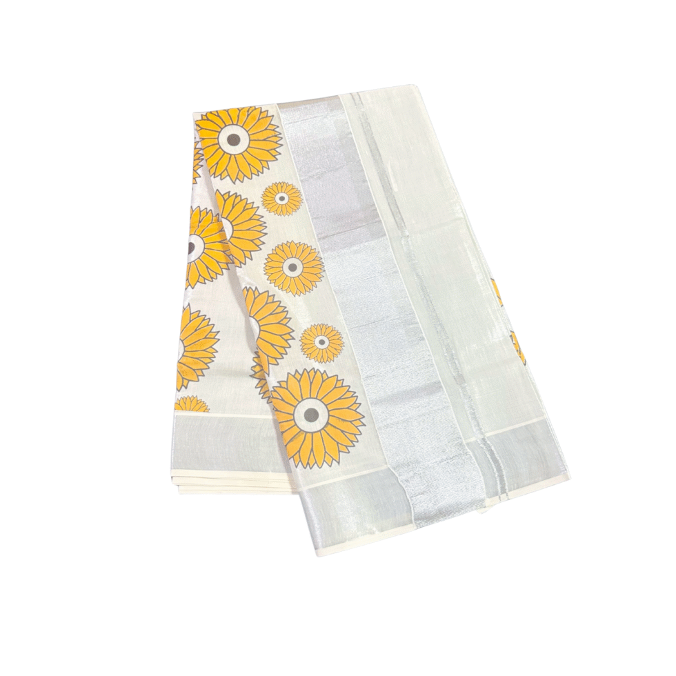 Ramsons Sunflower Print Silver Tissue Set Saree - RM4219