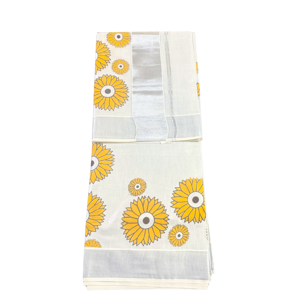 Ramsons Sunflower Print Silver Tissue Set Saree - RM4219